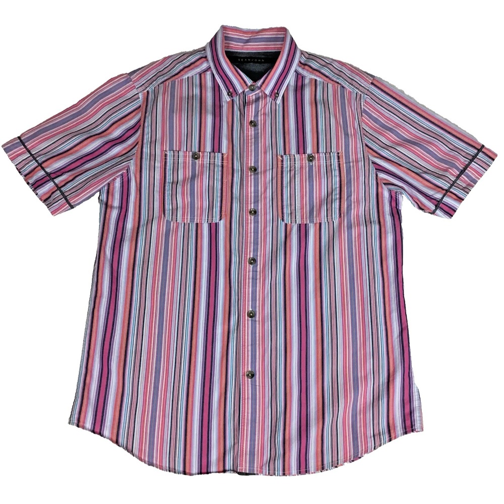 Sean John Mens Medium Short Sleeve Button Down Shirt Multicolor Striped Cotton